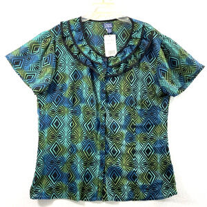 Uniti Sheer Top Womens Plus 2X Blue Black Print Button‎ Up Ruffle Neck Blouse